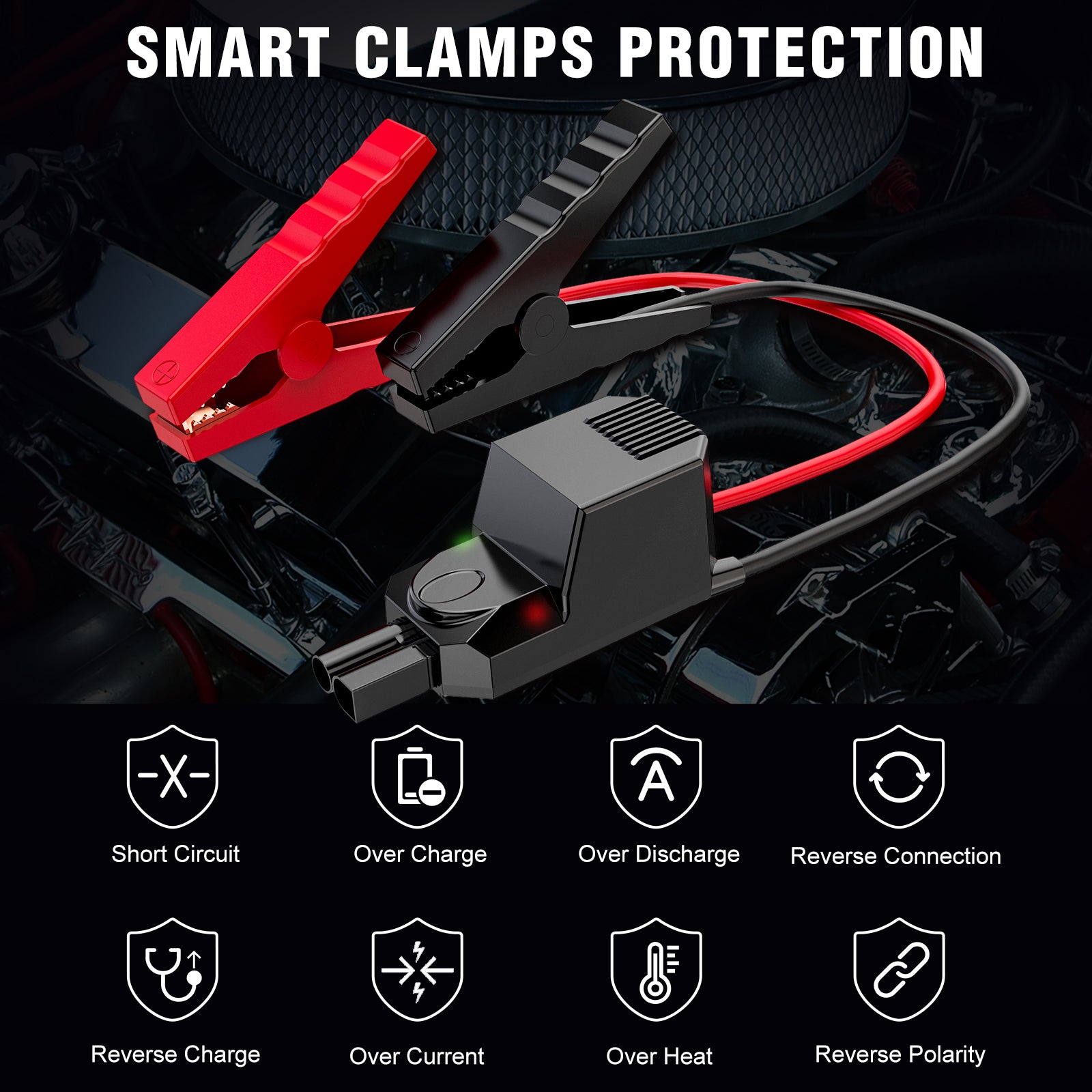 Extended smart jumper cables for Buture BR800 car jump starter featuring smart clamps with protections against short circuit, overcharge, overdischarge, reverse connection, reverse charge, overcurrent, overheating, and reverse polarity
