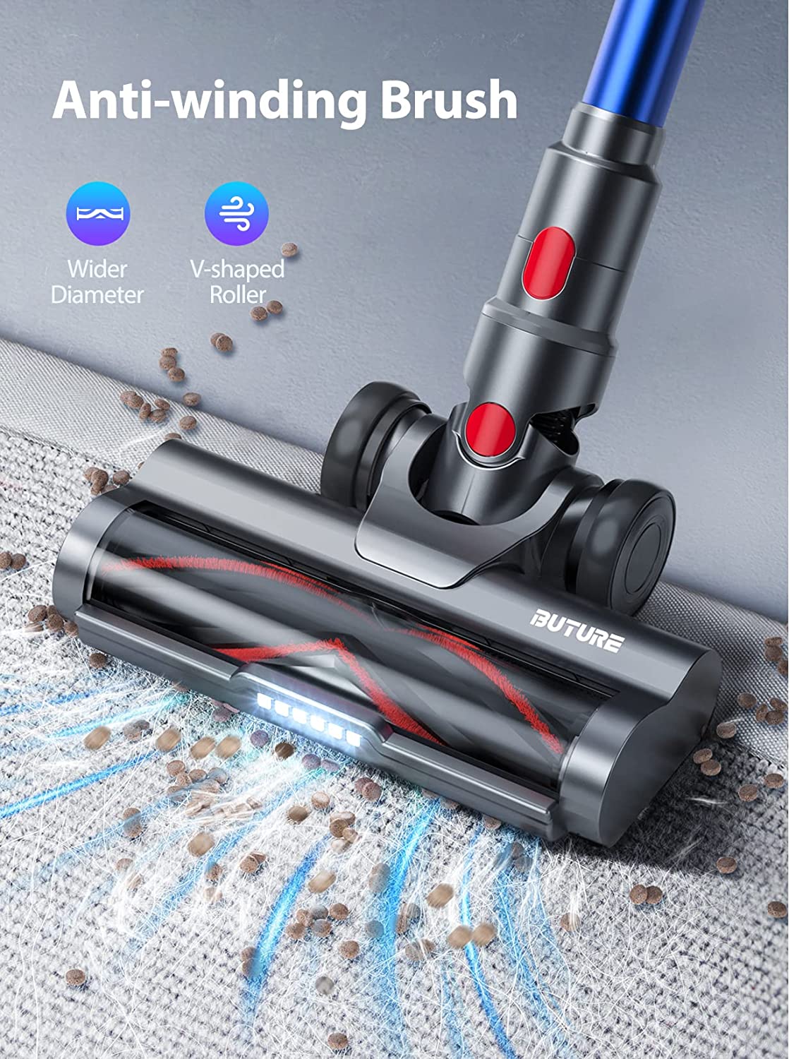 Buture JR500 cordless vacuum cleaner with anti-winding V-shaped roller brush and wider diameter design for efficient hair pickup