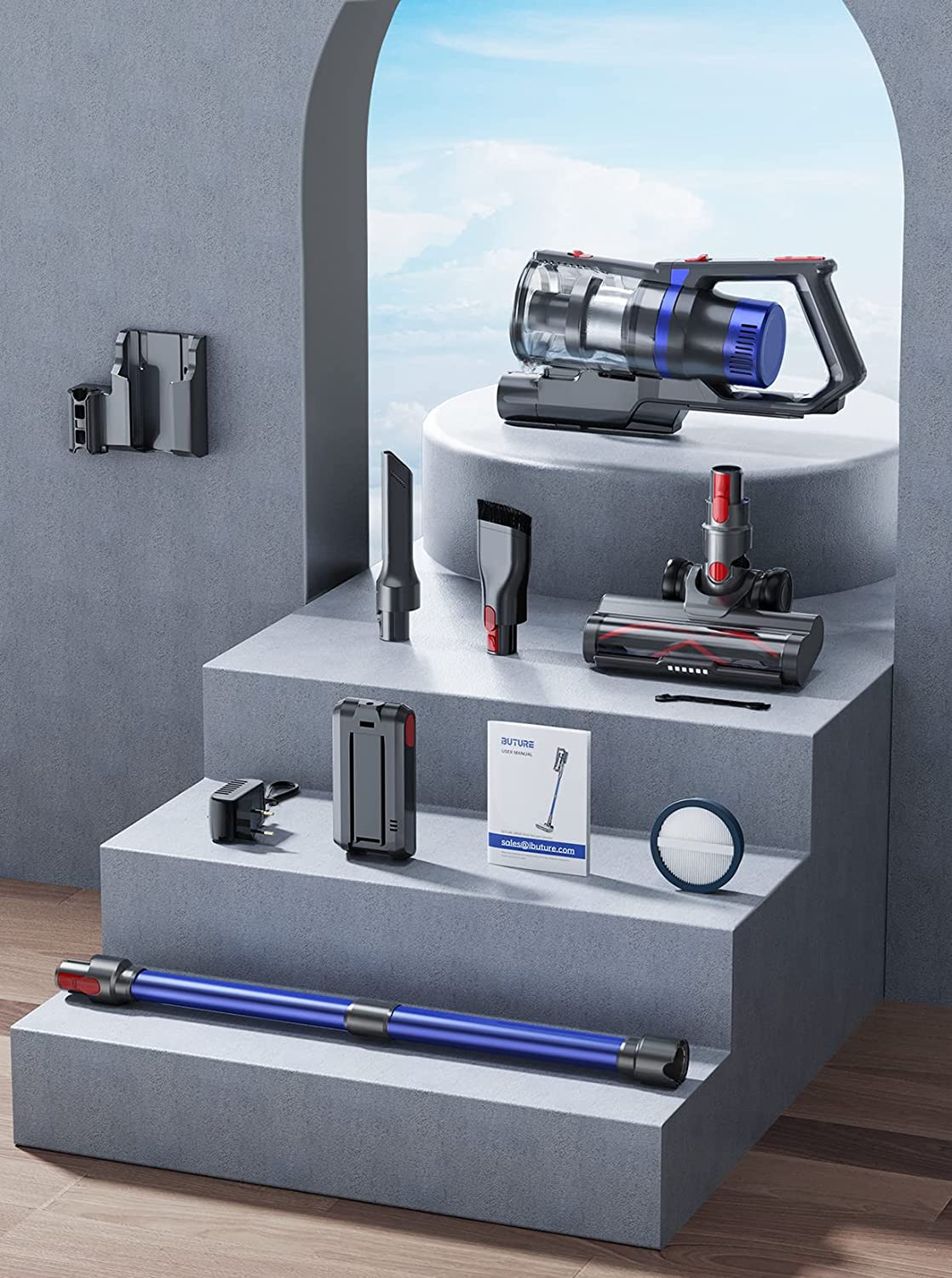 Buture JR500 handheld vacuum cleaner  accessories kit: floor brush, roller brush, 2-in-1 brush, crevice nozzle, wall mount, HEPA filters, stainless steel filter, dust cup,and telescopic tube.