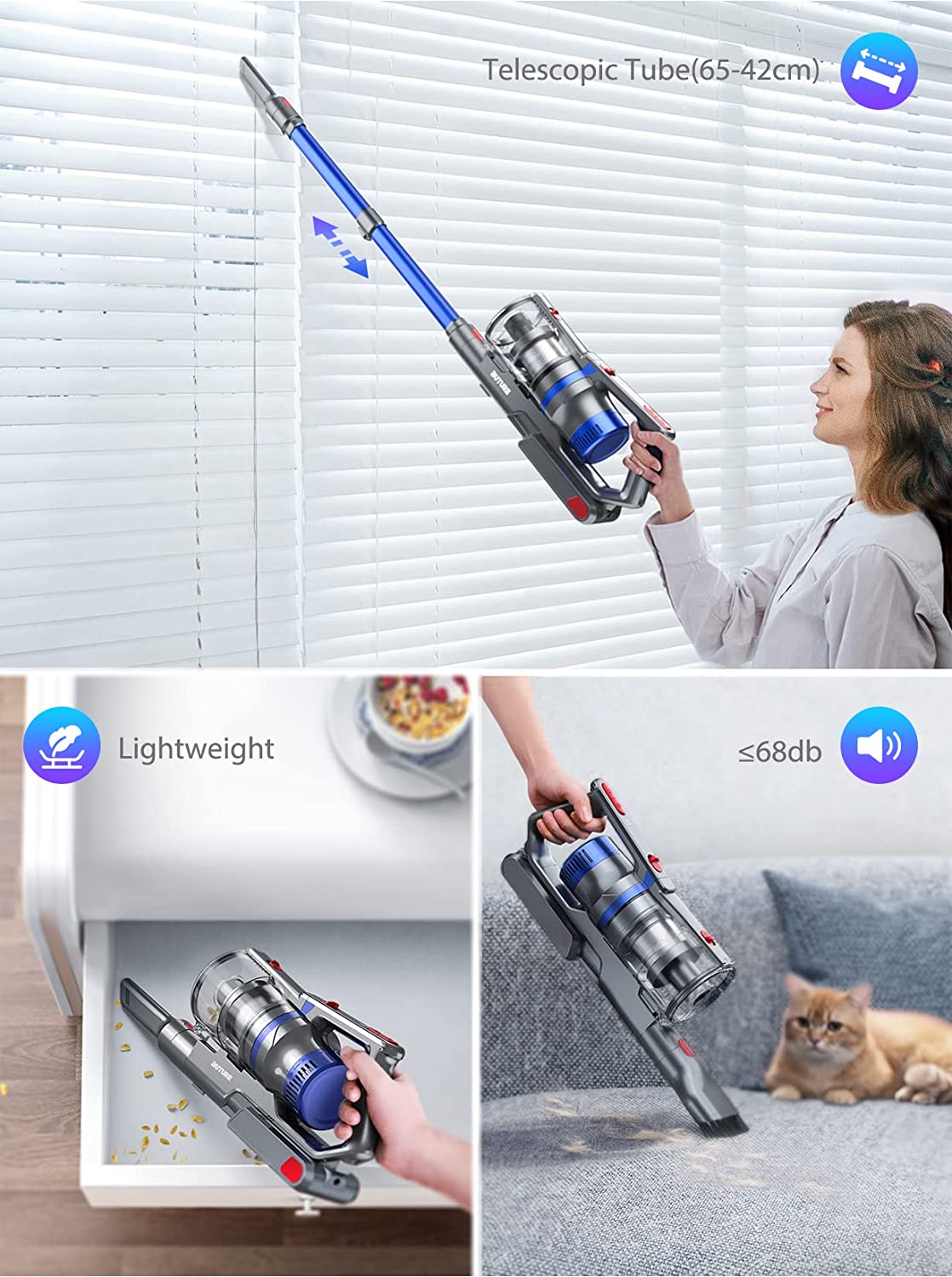 Buture JR500 cordless vacuum cleaner with 65-42cm telescopic tube, lightweight design, and quiet operation under 68dB