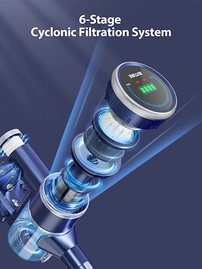 6-stage cyclonic filtration system in Buture JR600 cordless vacuum cleaner with digital display screen