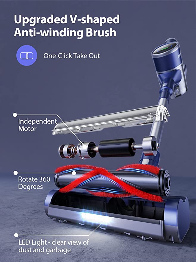 Buture JR600 cordless vacuum cleaner head with upgraded V-shaped anti-winding brush, LED light, independent motor, and 360-degree rotating roller.
