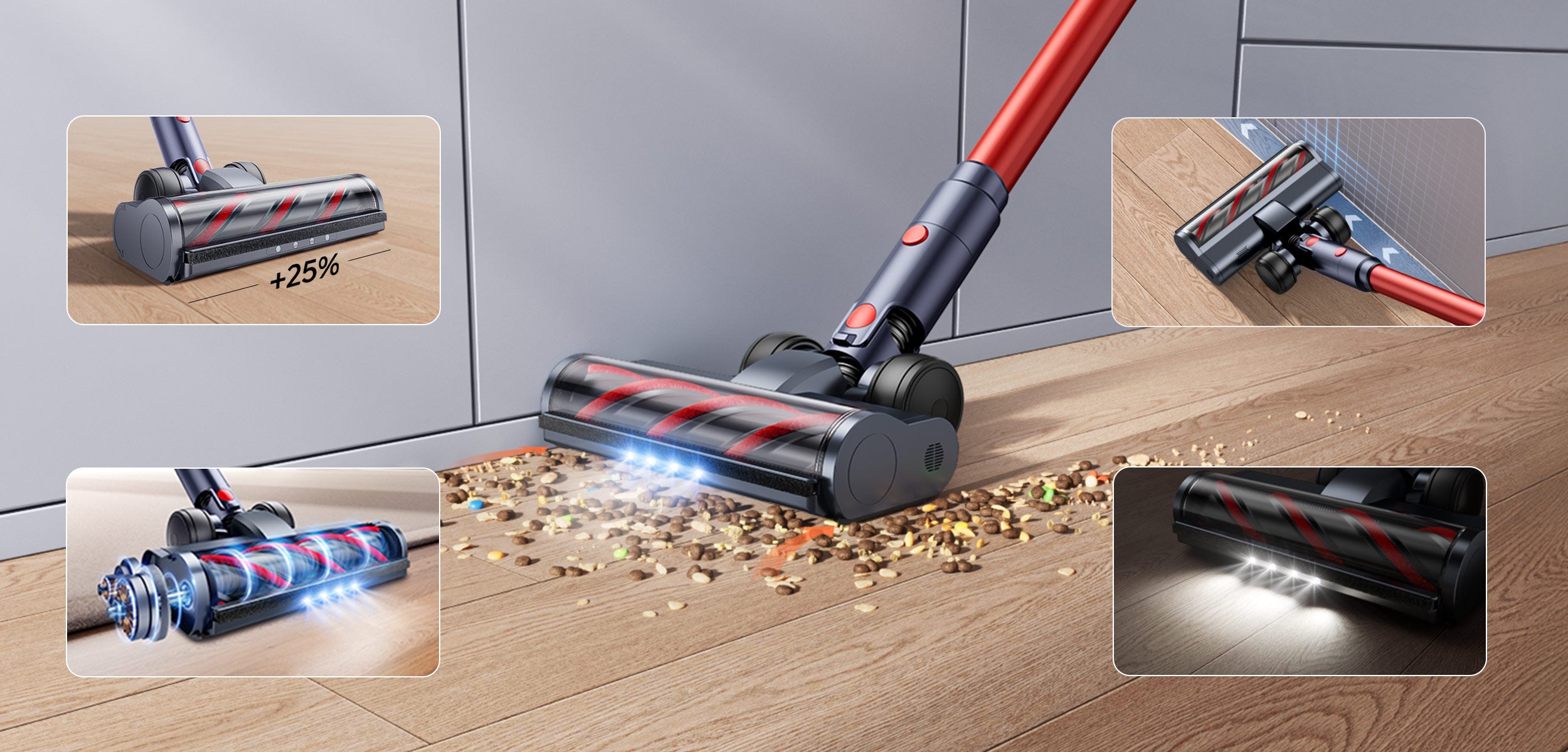 Upgraded Floor Brush for Effortless Cleaning, Featuring a large diameter, anti-tangle roller, edge-cleaning design, and LED headlights for a thorough and effortless clean every time