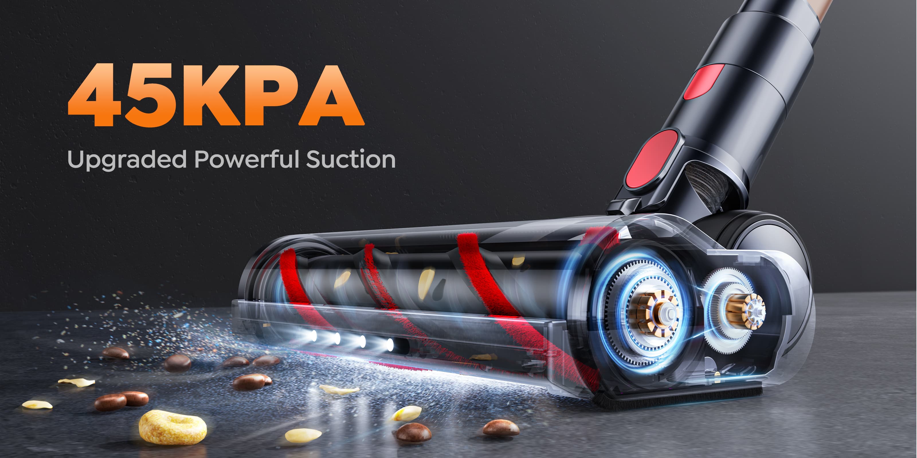 VAC01 upright vacuum cleaner​ 45KPA Market-leading Super Suction Power can easily suck away all hair and garbage.