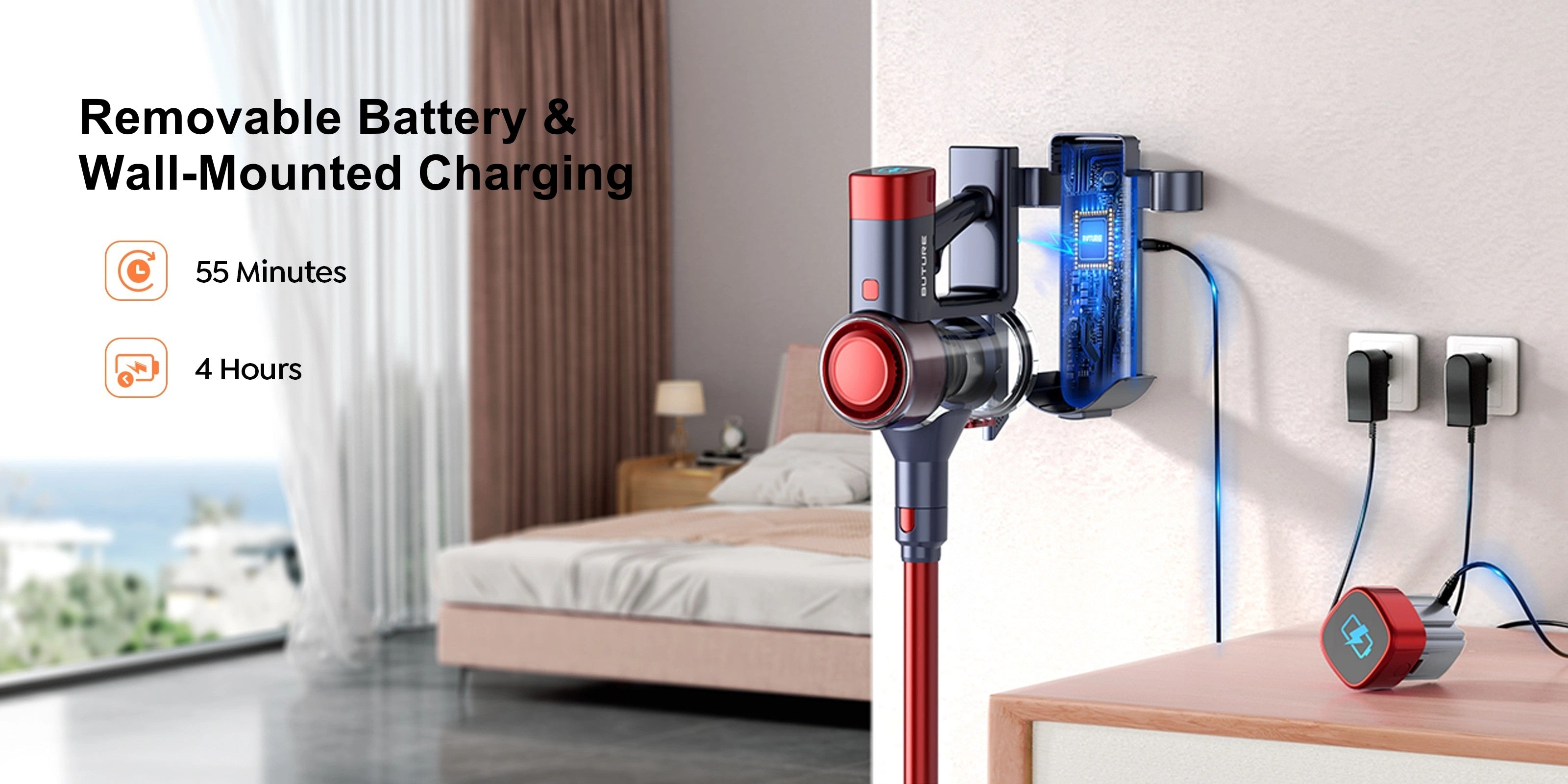 Buture VC50 Red cordless vacuum cleaner offers up to 55 minutes of runtime with a removable battery and convenient wall-mounted charging dock, fully recharging in just 4 hours for uninterrupted cleaning.