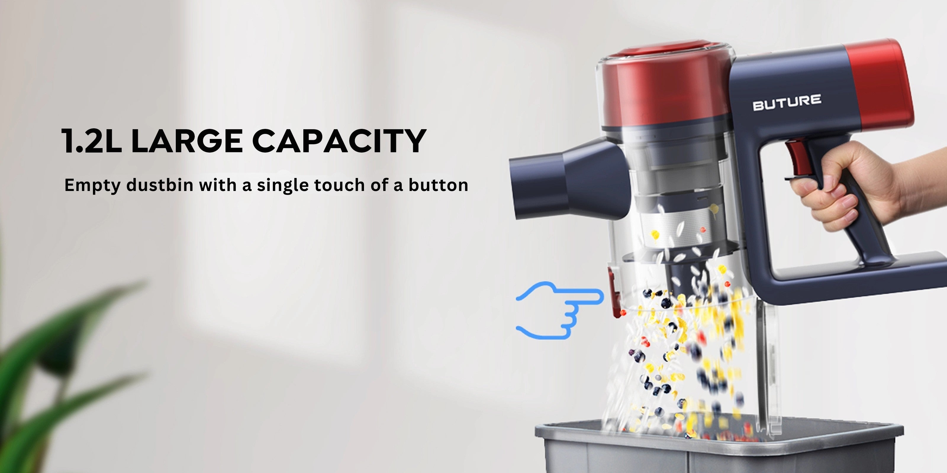 Buture VC50 Red cordless vacuum cleaner with 1.2L dust cup featuring one-touch emptying for convenient cleanup.