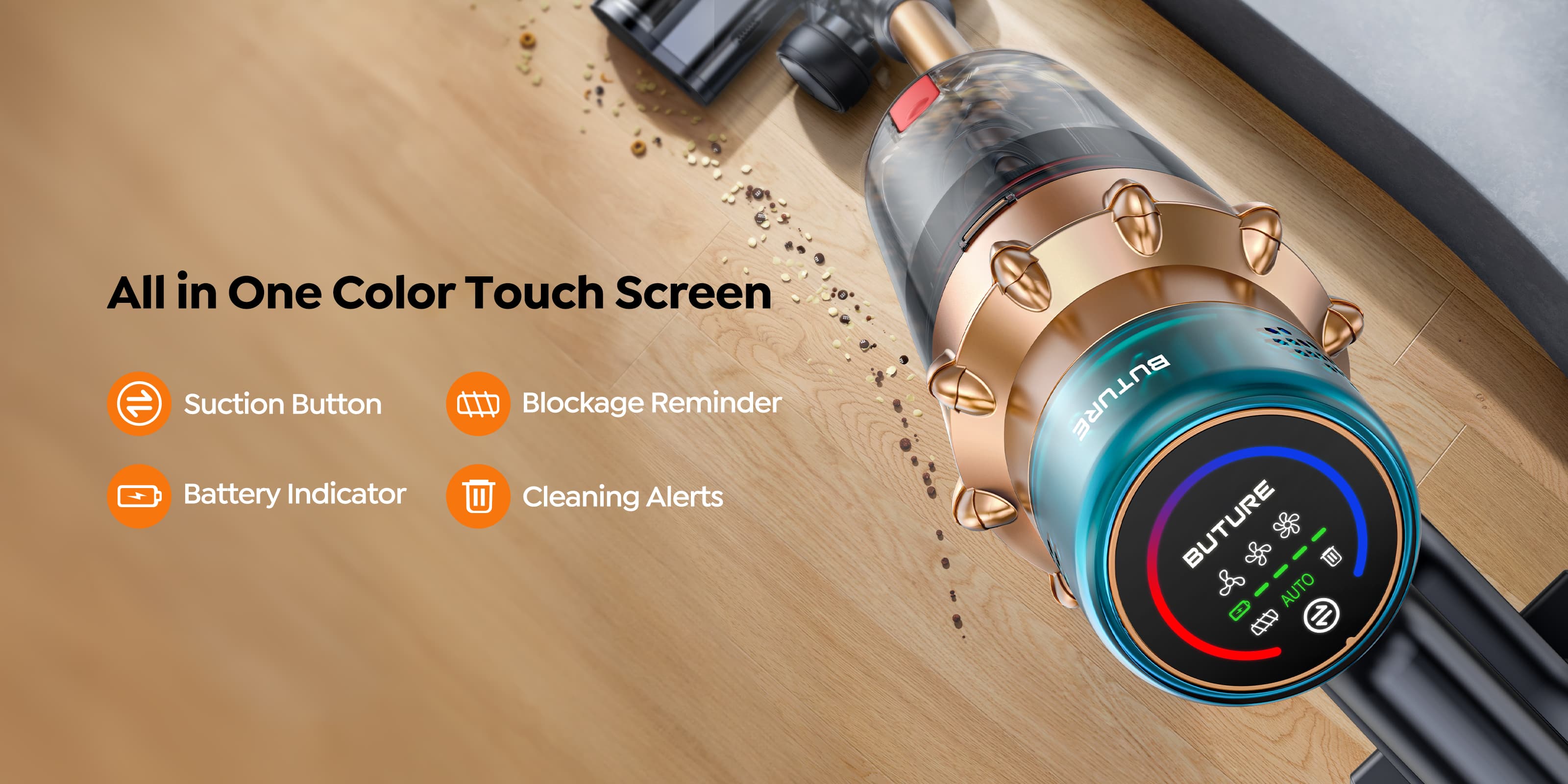 VAC01 Upright Vacuum Cleaner features an All-in-One Color Touch Screen, a Suction Button, a Blockage Reminder, a Battery Indicator, and Cleaning Alerts.
