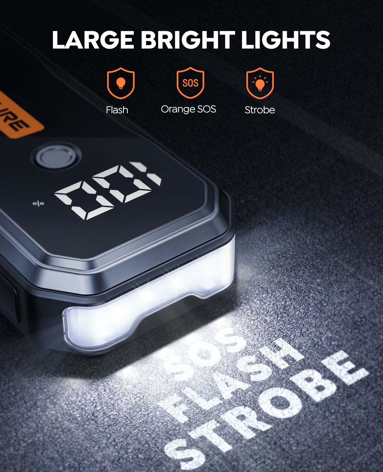 Emergency flashlight on the Buture Beta03 Jump Starter with three modes