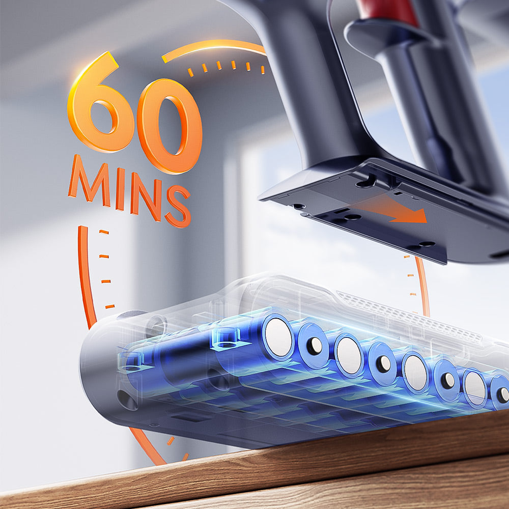 BP20 cordless vacuum has a powerful battery that can be used for 60 minutes to give you a longer cleaning time.