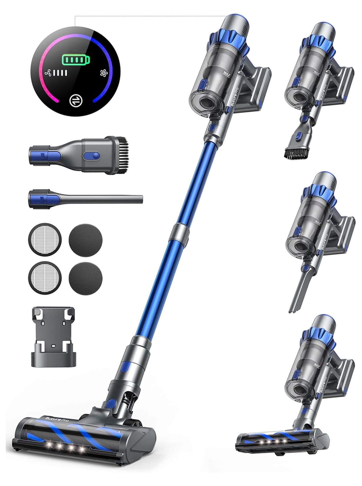 BP10 cordless vacuum cleaner accessories kit: floor brush, roller brush, 2-in-1 brush, wall mount, HEPA filter, stainless steel filter, dust cup, and removable battery.