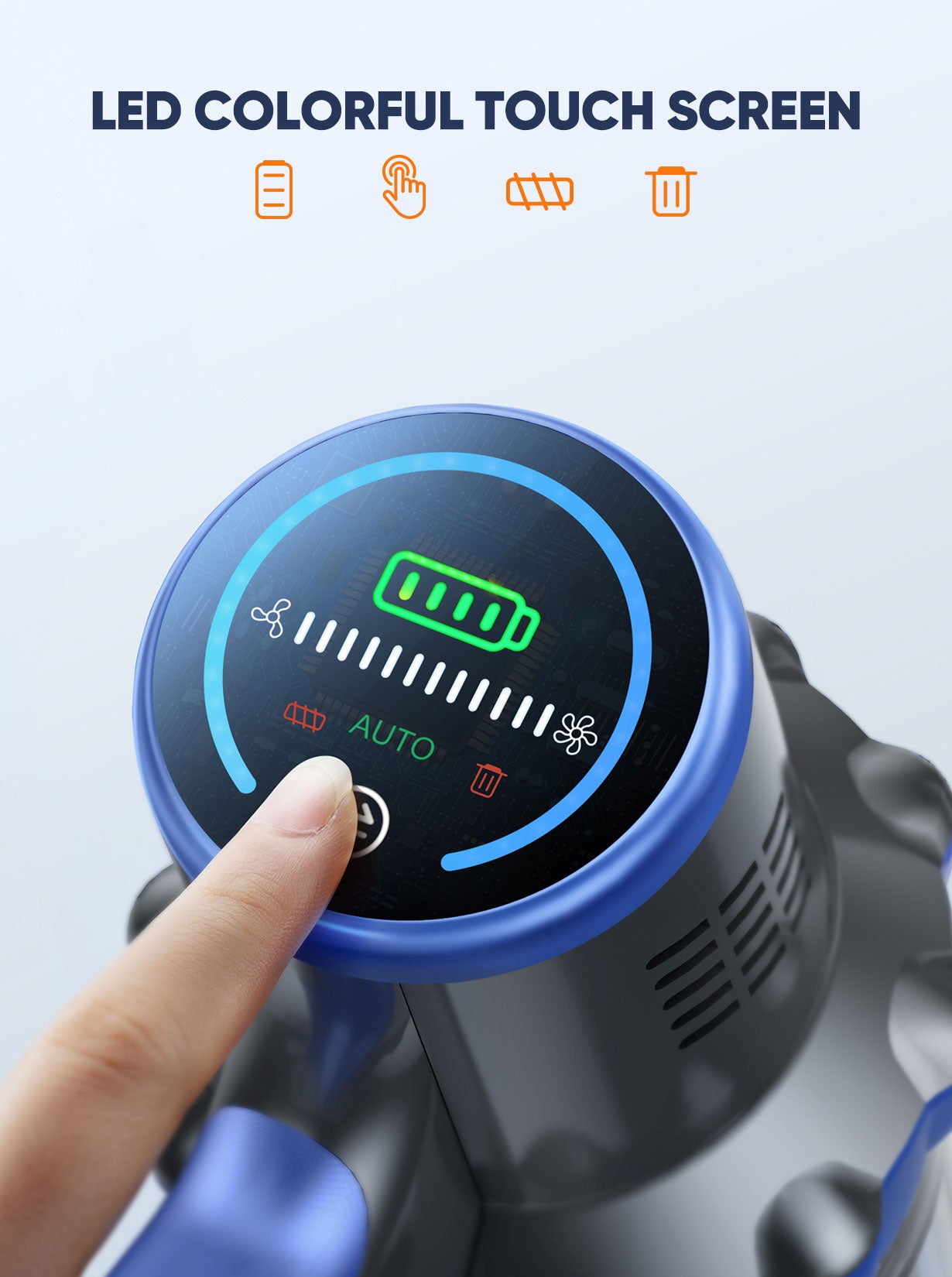 BP10 cordless vacuum cleaner featuring a colorful LED touch screen that vividly shows battery status, suction modes, and alert indicators.
