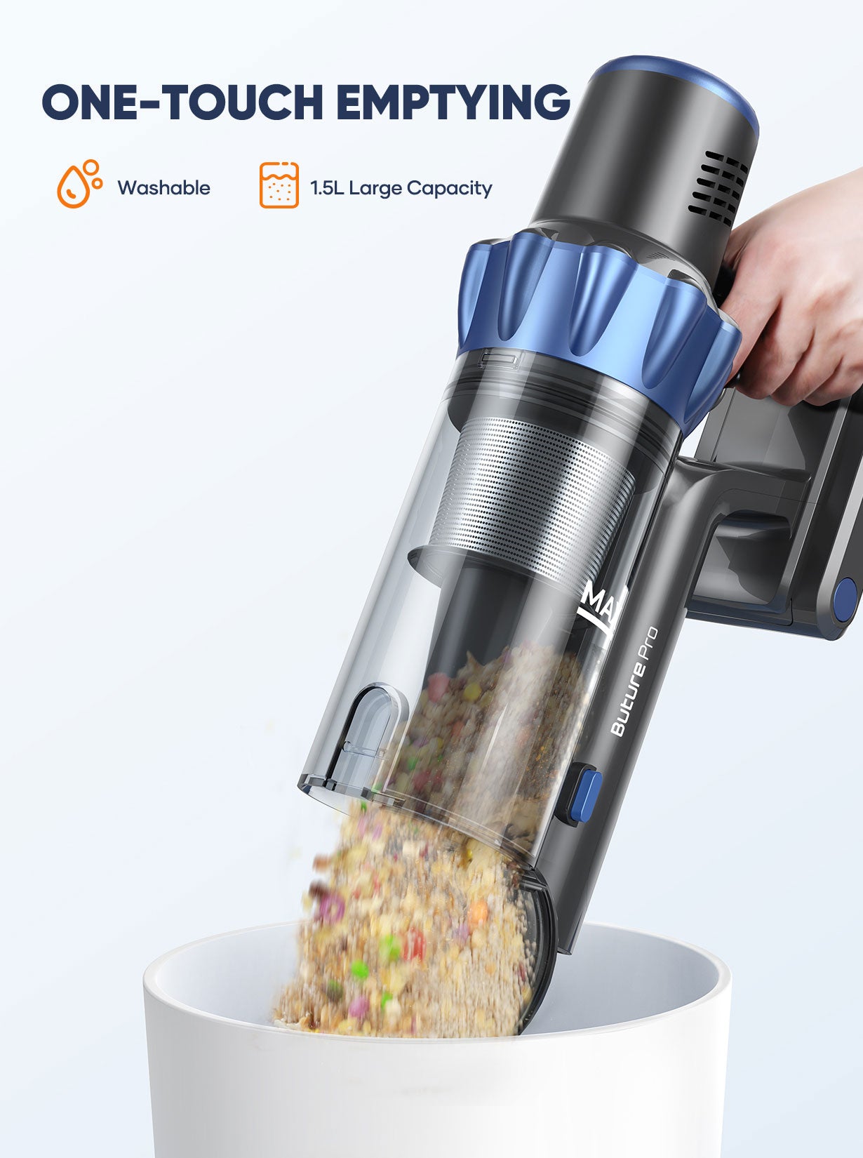 BP10 cordless vacuum cleaner with one-touch emptying and large dust cup for easy cleaning