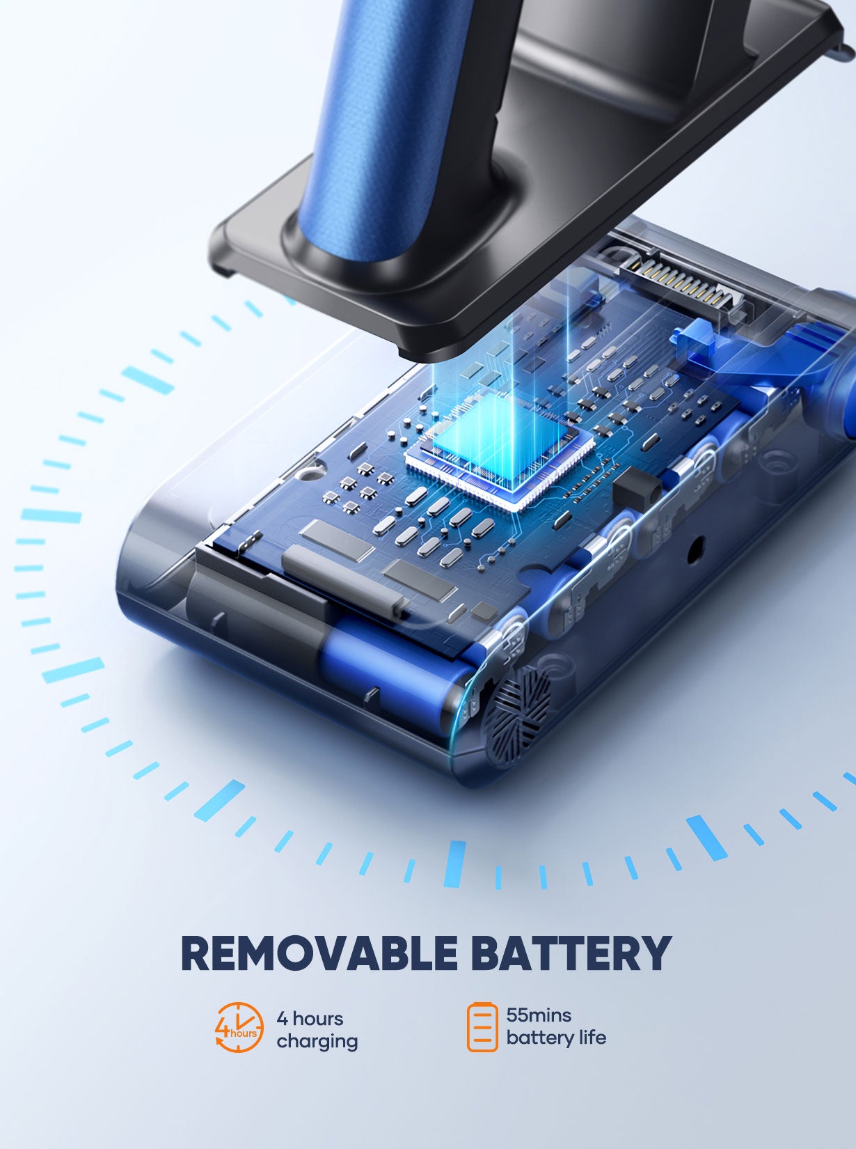 BP10 cordless vacuum cleaner with removable battery – 55 mins runtime, 4-hour charge, for extended cleaning sessions.