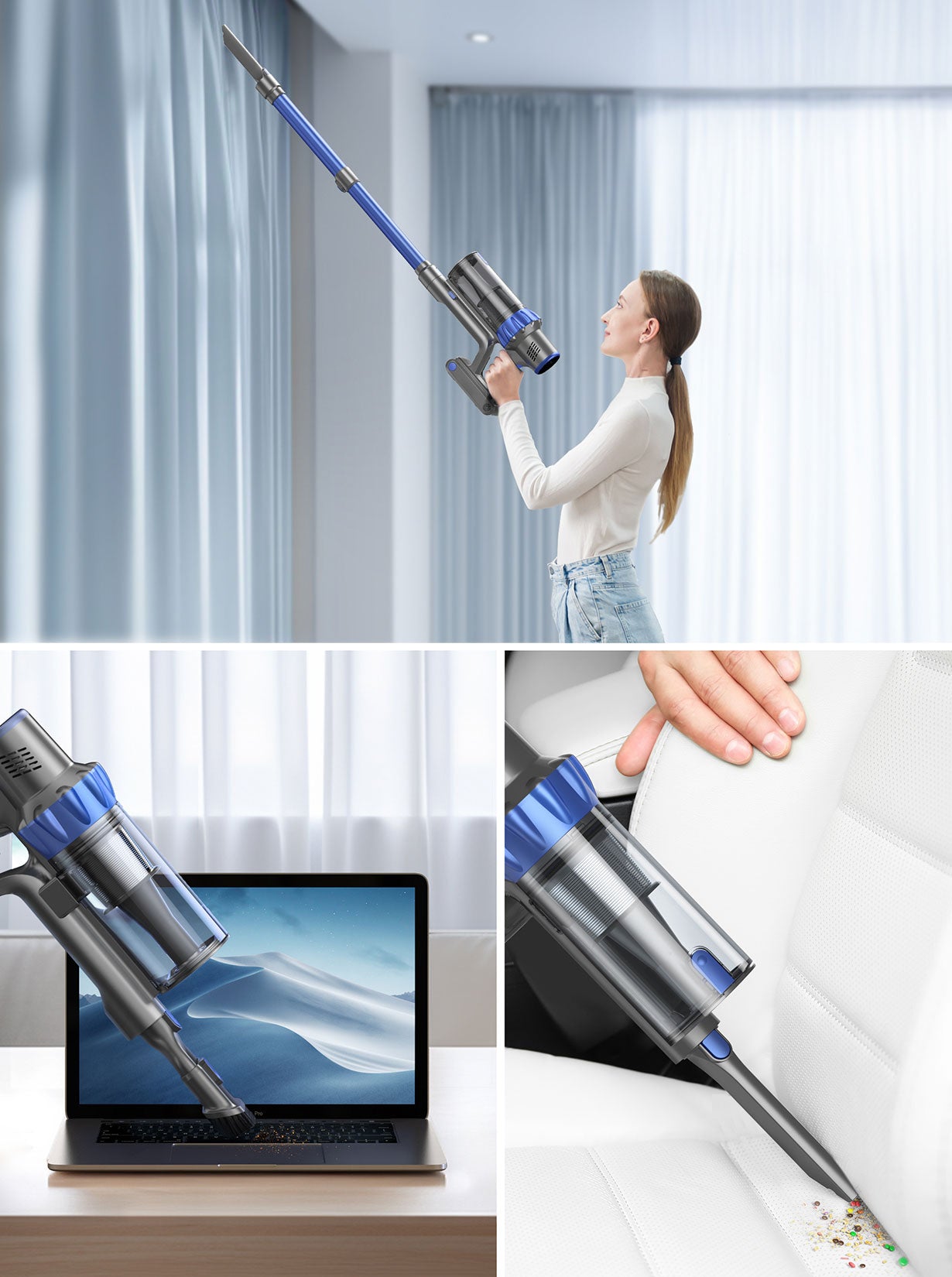 BP10 cordless vacuum cleaner with 3 specialized accessories: telescopic tube for high-reach cleaning, 2-in-1 brush for keyboards or furniture, and crevice nozzle for tight spaces.