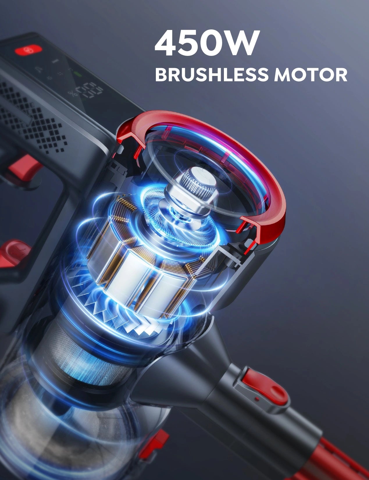 Buture JR700 red cordless stick vacuum cleaner with a 450W brushless motor for a quiet but powerful cleaning.