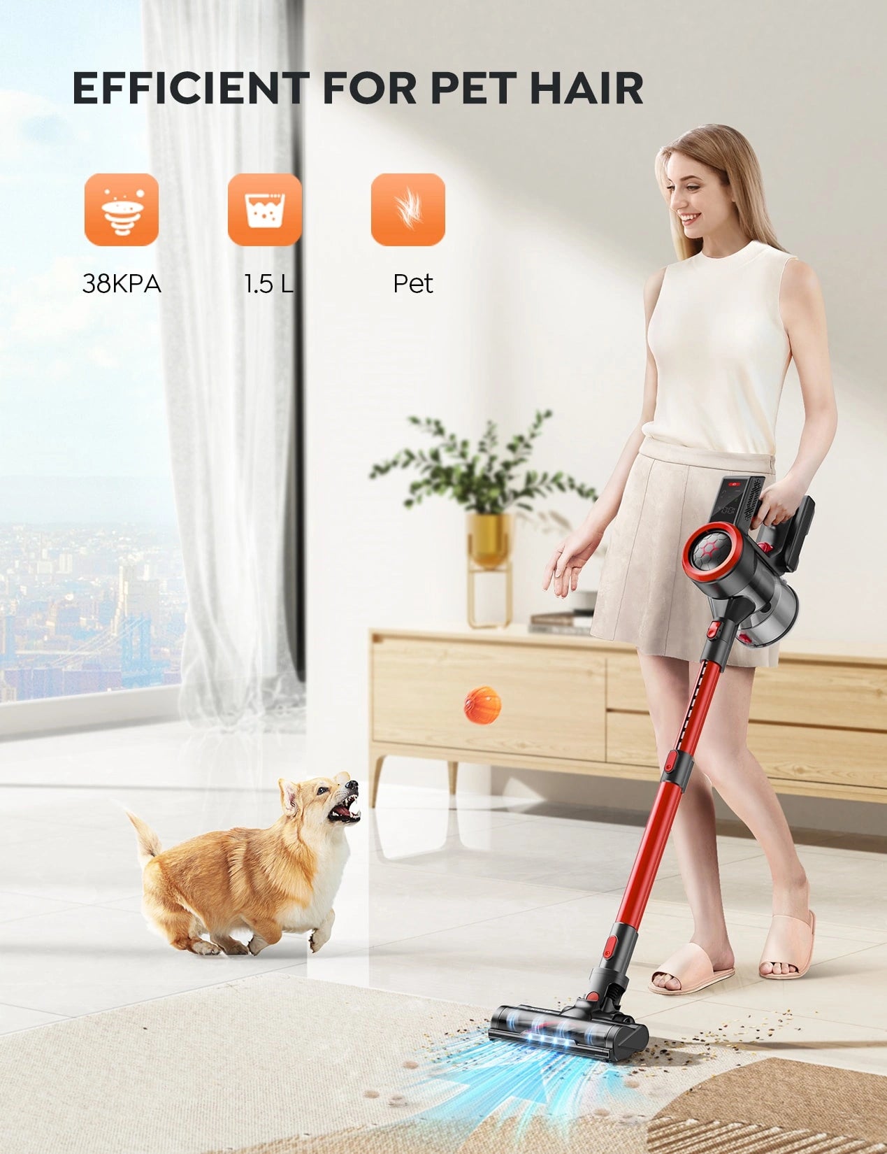 JR700 red cordless vacuum cleaner – 38KPA ultra-powerful suction with 1.5L dust cup, specially designed for pet hair removal with anti-tangle technology.