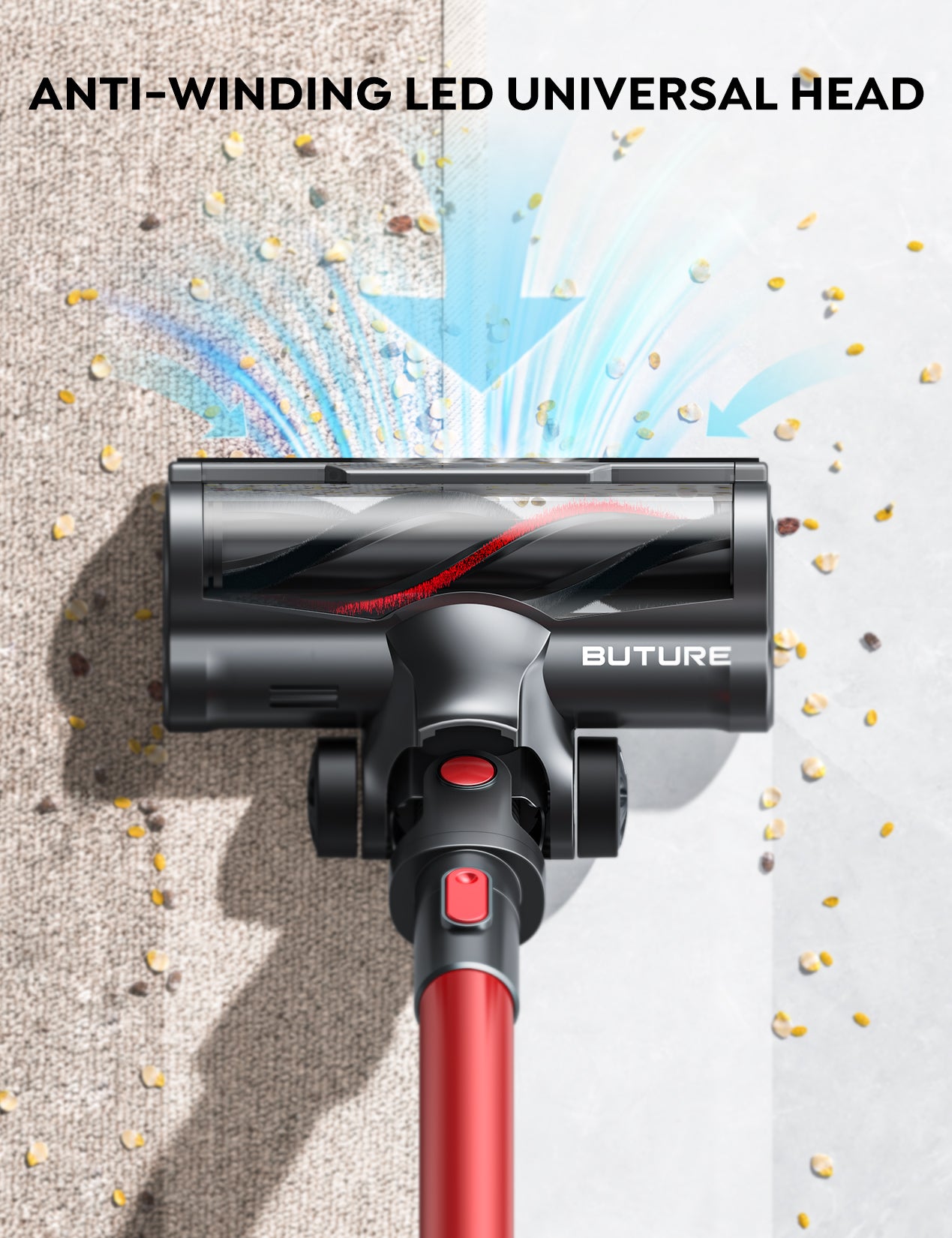 JR700 red cordless vacuum cleaner with anti-tangle LED universal head – easily remove debris, hair or pet mess on carpets, hardwood while illuminating dark spaces.