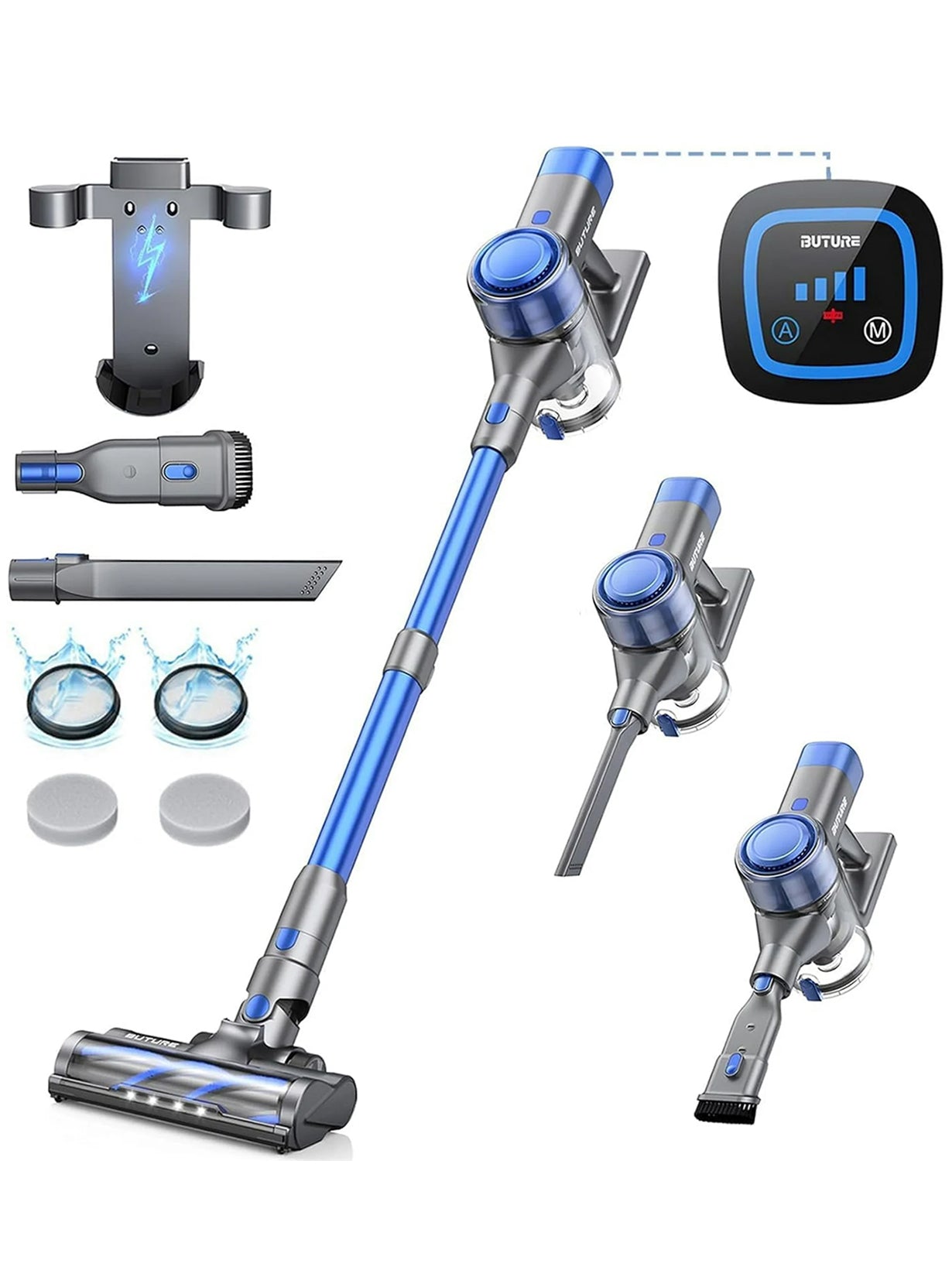 VC50 blue cordless vacuum cleaner  accessories kit: floor brush, roller brush, 2-in-1 brush, crevice nozzle, wall mount, HEPA filters, stainless steel filter, dust cup, fragrance tablets, and telescopic tube.