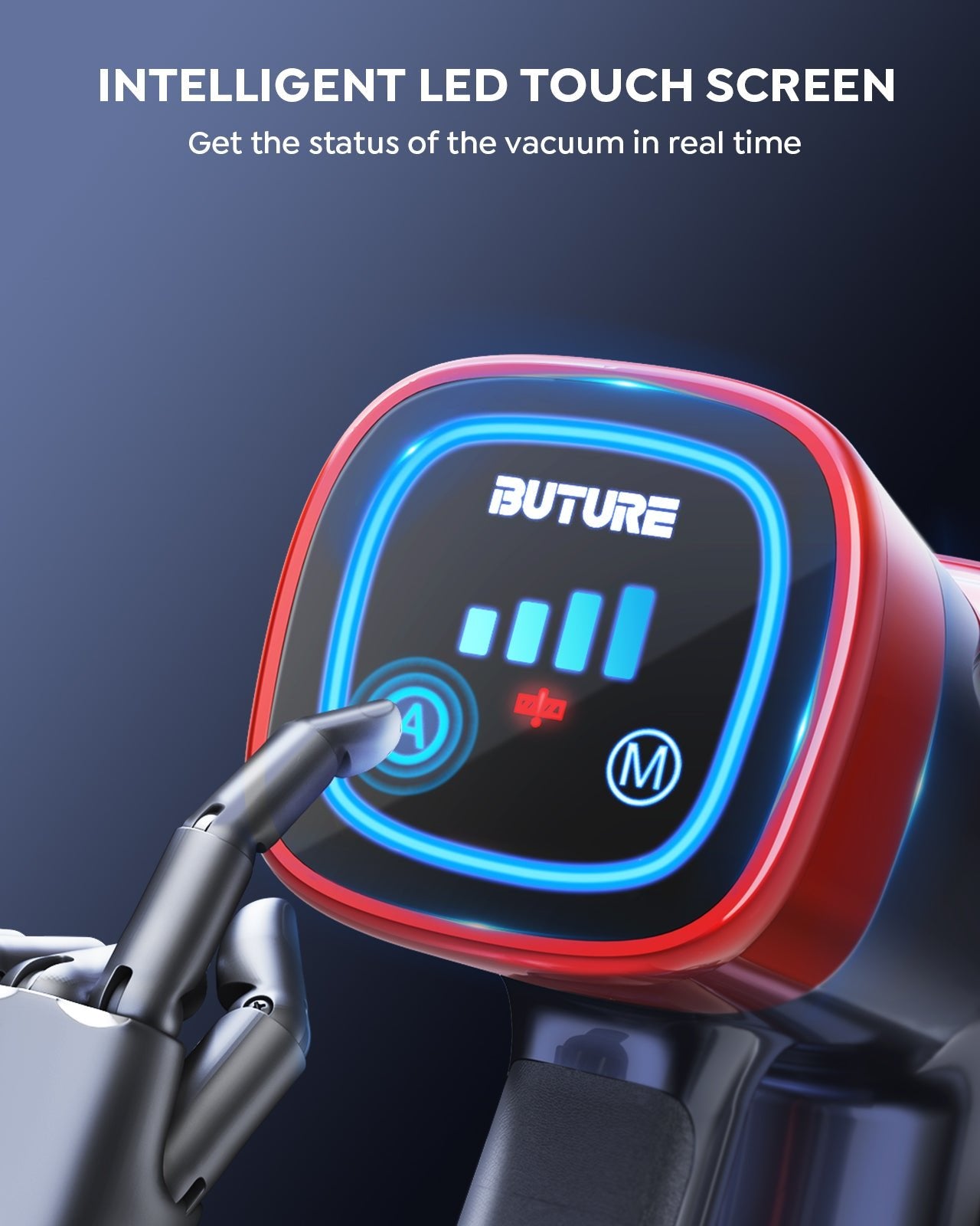 VC50 red cordless vacuum with intelligent LED touch screen - get the status of the vacuum in real time, displaying cleaning status, battery life, and system alerts at a glance.