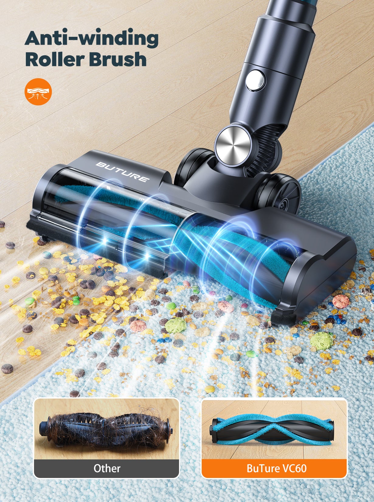 VC60 cordless vacuum cleaner with an anti-winding roller brush – effortlessly removes pet hair and long fibers.