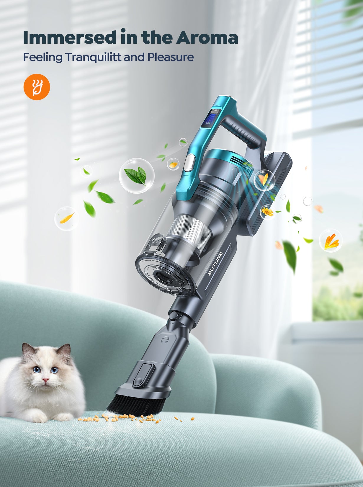 VC60 cordless vacuum with aromatherapy diffuser slot - immersed in the aroma and enjoy tranquil lavender or citrus scents while cleaning your home.