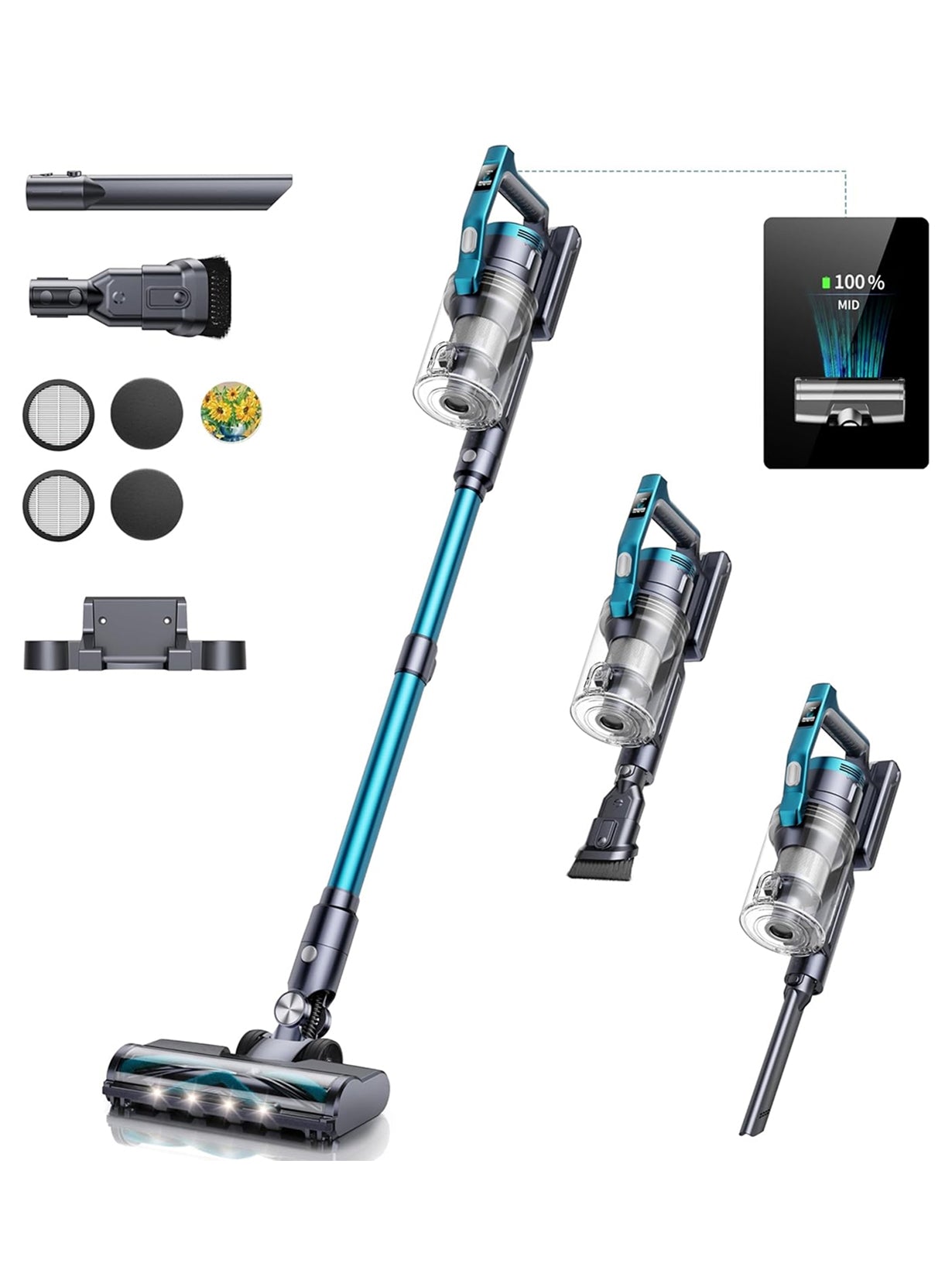 VC60 cordless vacuum cleaner accessories kit: floor brush, roller brush, 2-in-1 brush, crevice nozzle, wall mount, HEPA filters, stainless steel filter, dust cup, fragrance tablets, and telescopic tube.