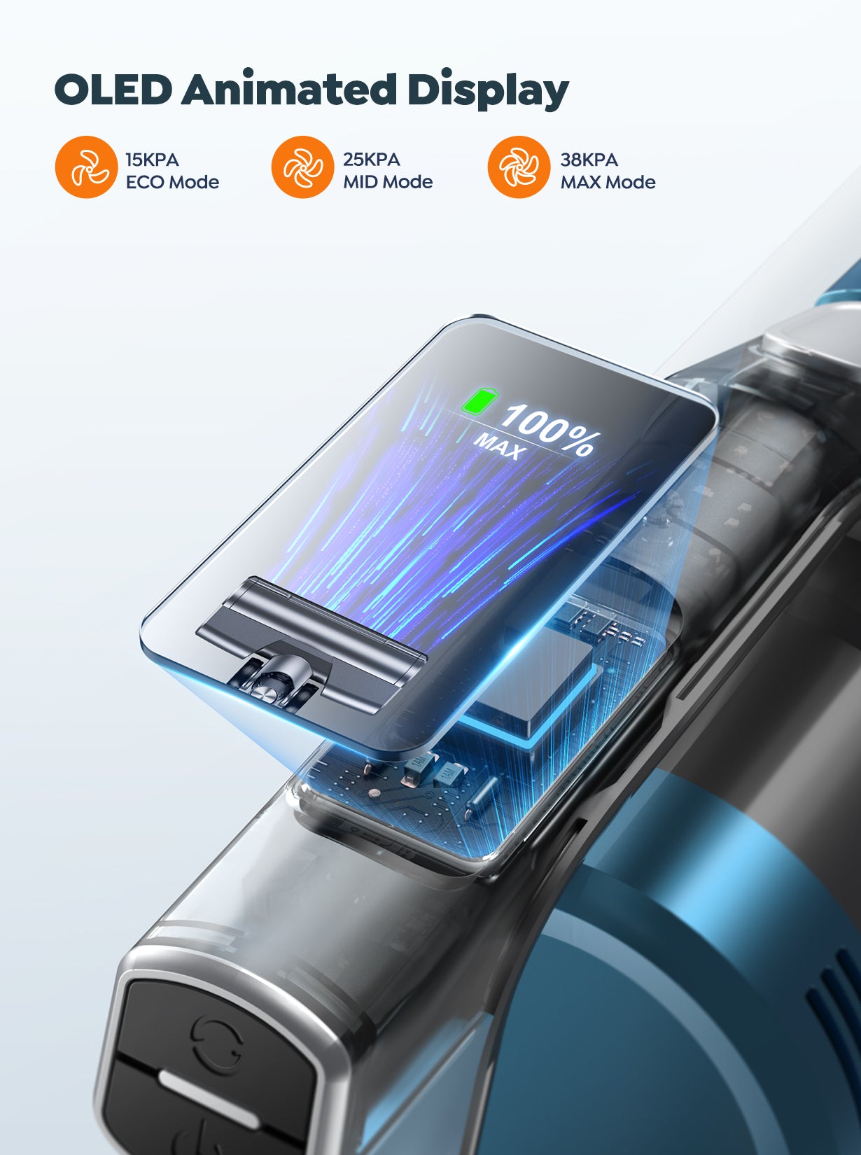 VC60 cordless vacuum with OLED animated display - easily switch between 15KPA (Eco), 25KPA (Mid), and 38KPA (Max) suction modes.