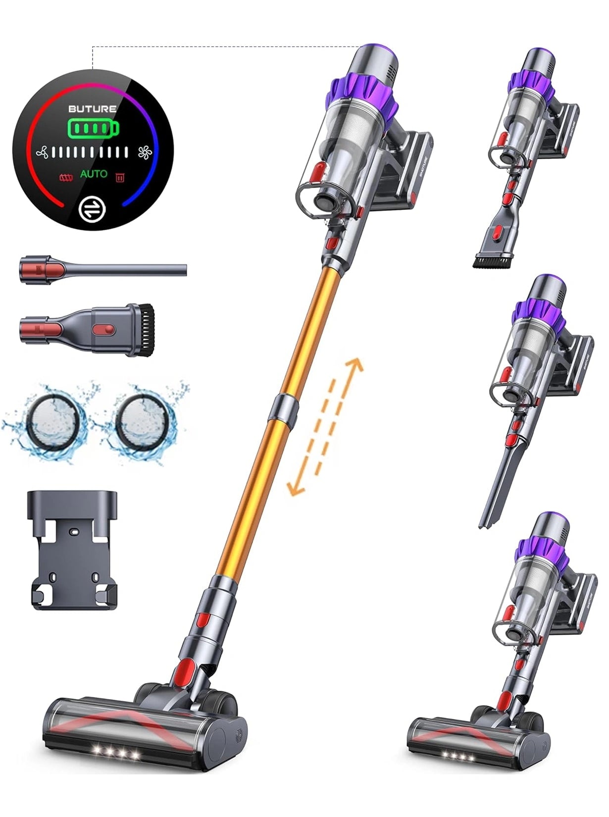 VC80 cordless vacuum cleaner accessories kit: floor brush, roller brush, 2-in-1 brush, crevice nozzle, wall mount, HEPA filters, stainless steel filter, dust cup, and telescopic tube.