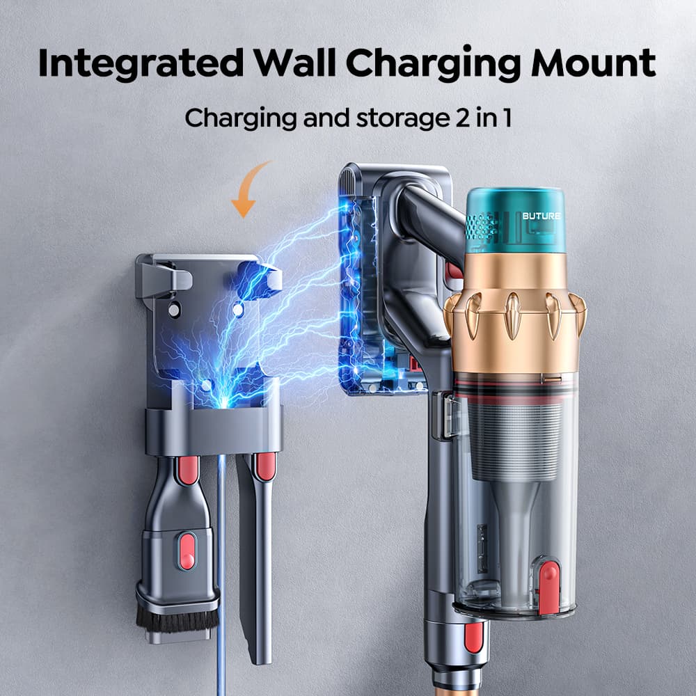 VAC01 Upright Vacuum Cleaner helps you maintain an organized and clutter-free space with its 2-in-1 wall charging mount. This convenient feature allows you to charge your vacuum while neatly storing all your essential accessories in one location. Say goodbye to searching for parts—simply grab and go for a seamless cleaning experience!