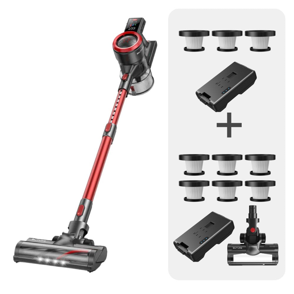 Vacuum Bundle: Buture JR700 Red Vacuum + 2 Batteries + 9 HEPA Filters