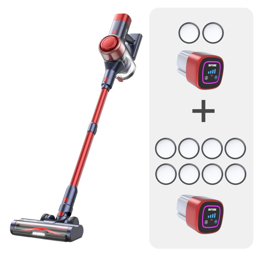 Vacuum Bundle: Buture VC50 Red Vacuum + 2 Batteries + 10 HEPA Filters