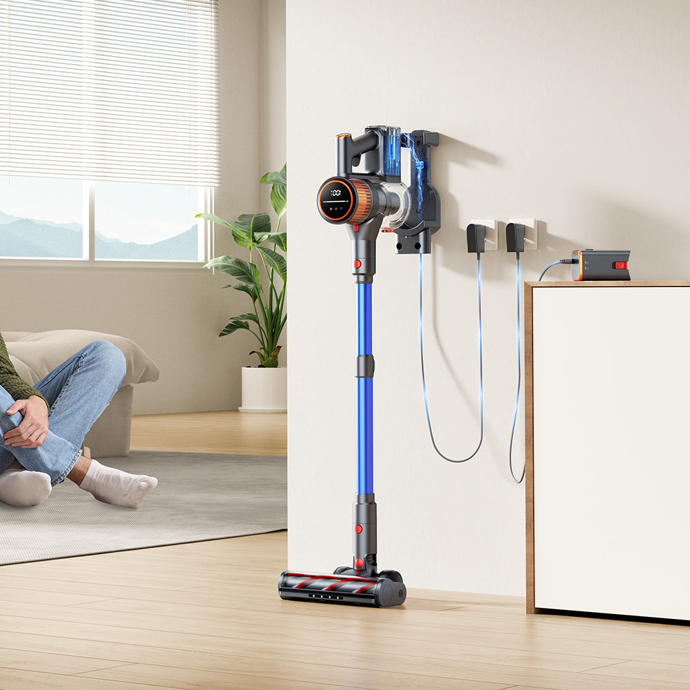 X9 cordless vacuum with convenient wall-mounted charging dock for easy installation and quick 4-5 hour charging, ensuring your vacuum is always ready for use.