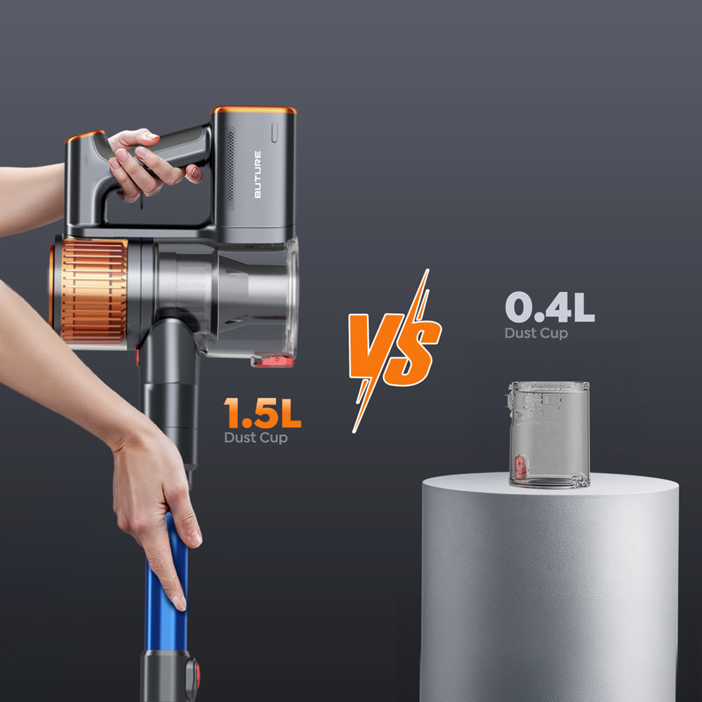 Buture X9 cordless vacuum cleaner with 1.5L high-capacity dust cup and one-touch disposal for efficient, hygienic debris emptying, offering extended cleaning compared to others' 0.4L cups.