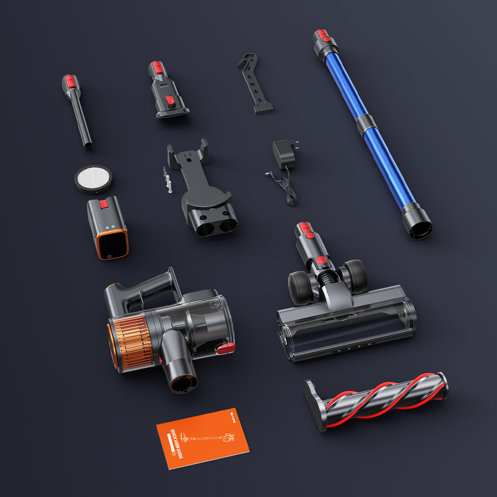 Buture X9 vacuum cleaner parcel includes 12 main accessories totally, such as small cleaning tools like 2-in-1 brush and crevice nozzle.