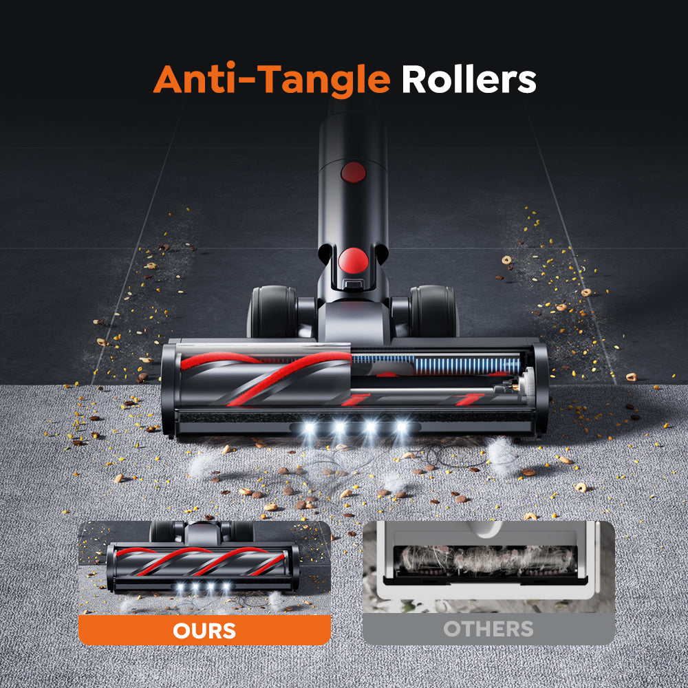 Comparison of X9 vacuum cleaner's anti-tangle rollers with others, showing superior design