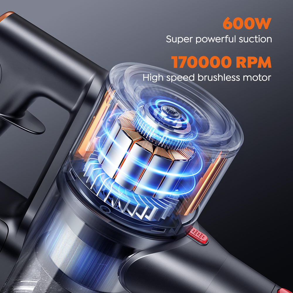 600W vacuum cleaner with super powerful suction, 170,000 RPM high-speed brushless motor.