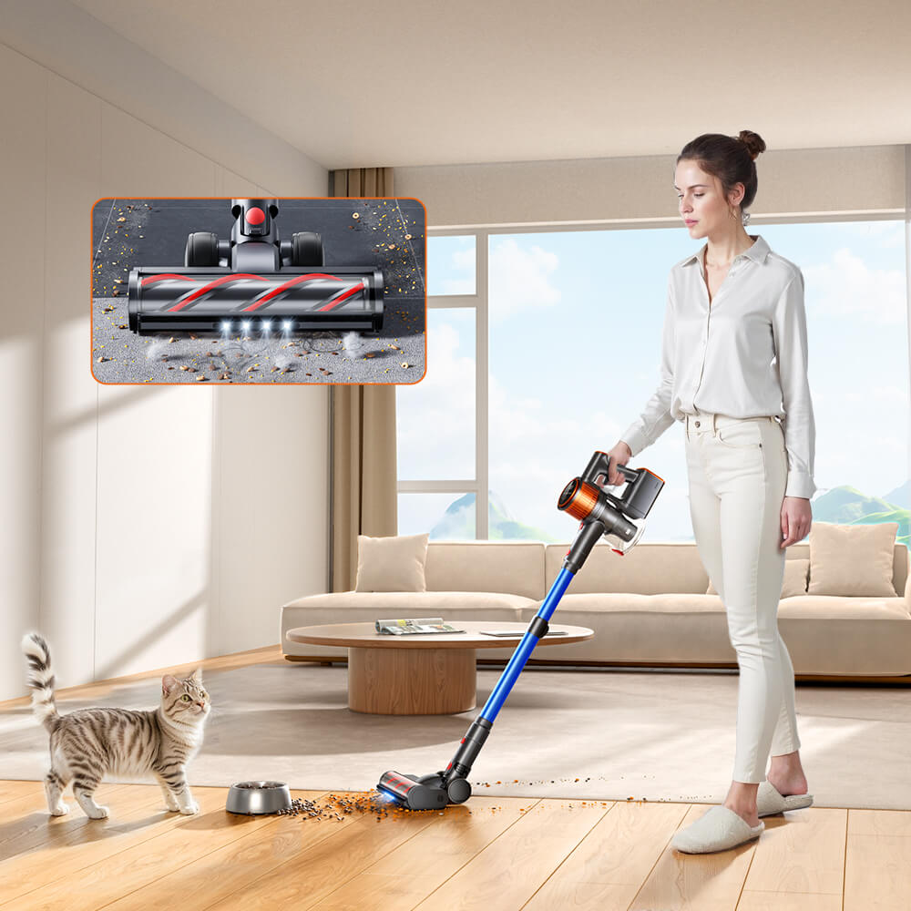 Buture X9 vacuum cleaner cleaning pet mess on floor with LED brush.
