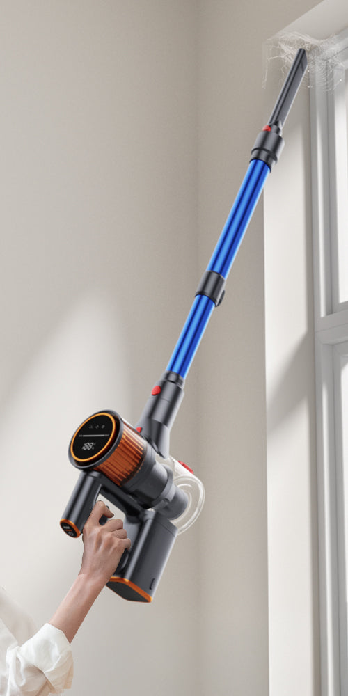 X9 vacuum cleaner with extendable telescopic tube up to 68cm, perfect for high-reach cleaning tasks like curtains, ceilings, and upper shelves.