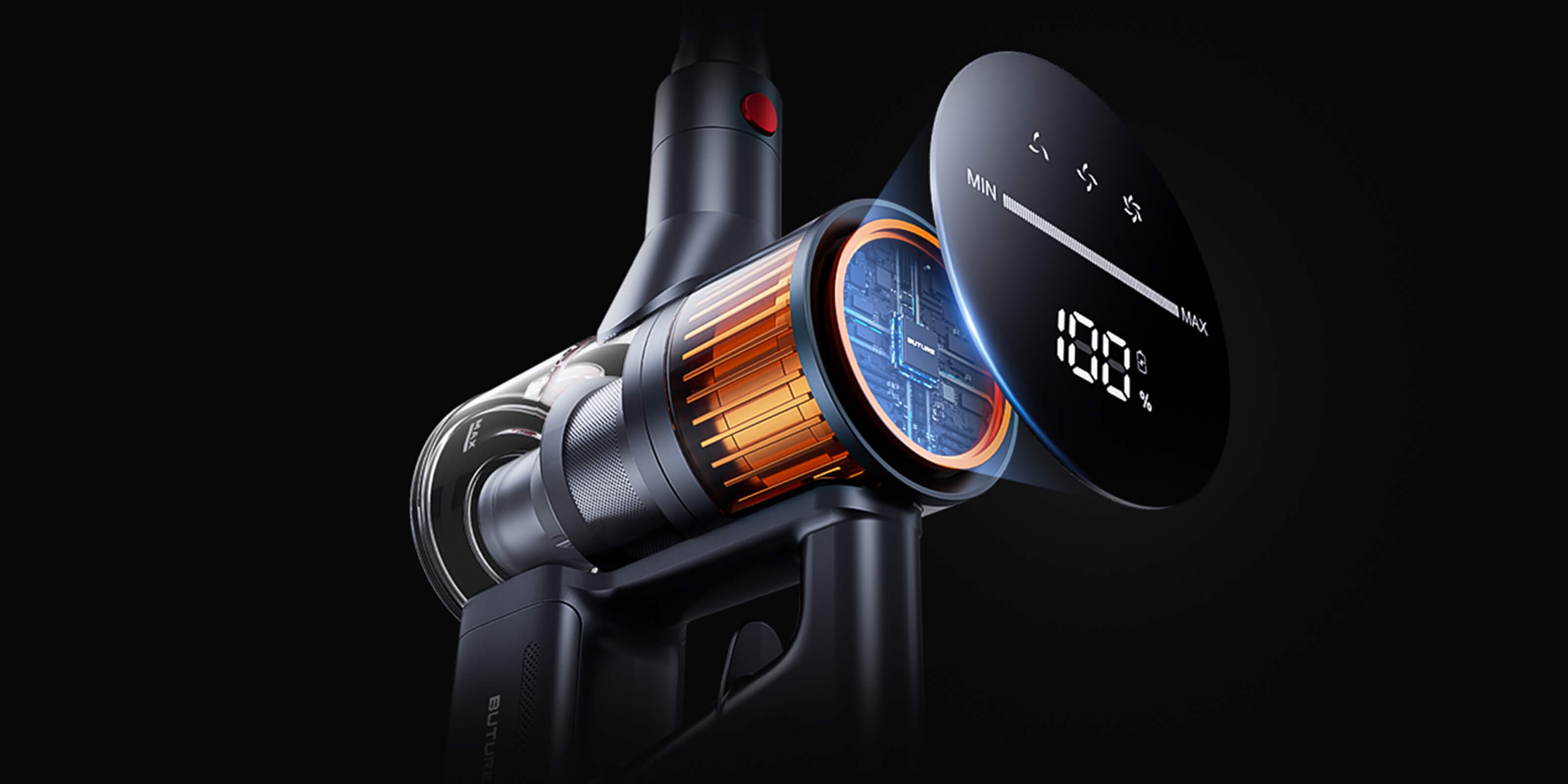 Buture X9 cordless vacuum cleaner with intuitive touch screen control for real-time performance monitoring and easy power adjustment.
