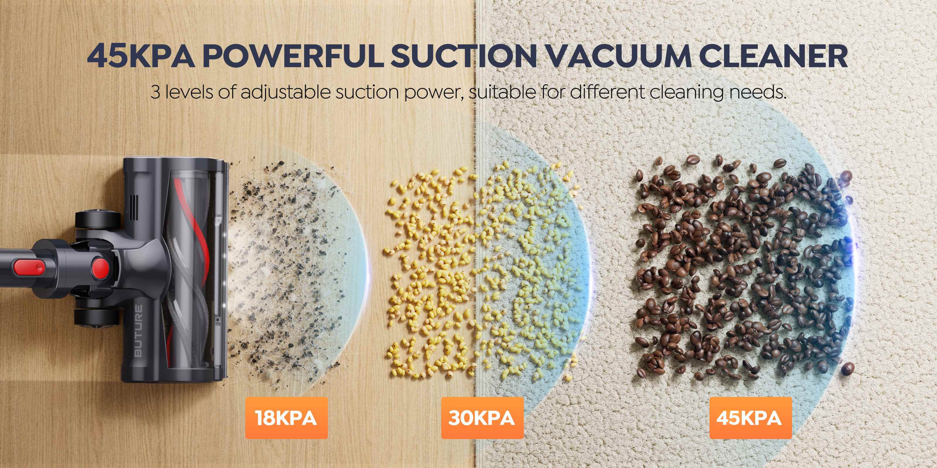 Buture JR700 Stick Cordless Vacuum Cleaner features three adjustable suction levels: 18, 30, and 45 kPa. Achieve the ideal power for every cleaning task, ensuring your home sparkles effortlessly.