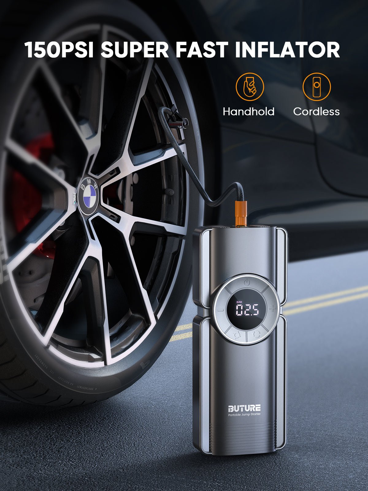 Buture Beta01 car jump starter with 150PSI super fast tire inflator, handheld and cordless design for convenient inflation anytime, anywhere