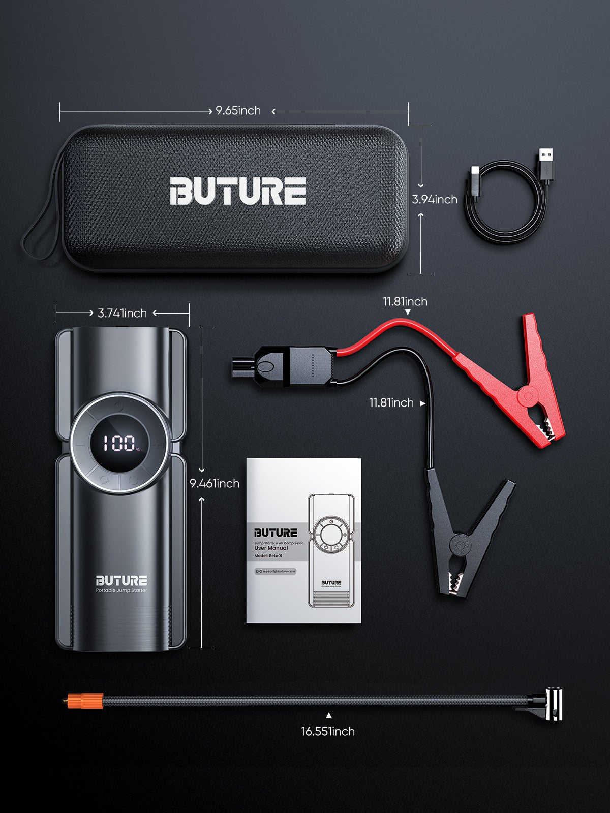 Buture Beta01 car jump starter dimensions and full box contents, including 3.74×9.46 inch jump starter, 9.65×3.94 inch storage box, 11.81 inch extended smart jumper cables, 16.55 inch air hose, user manual, and charging cable