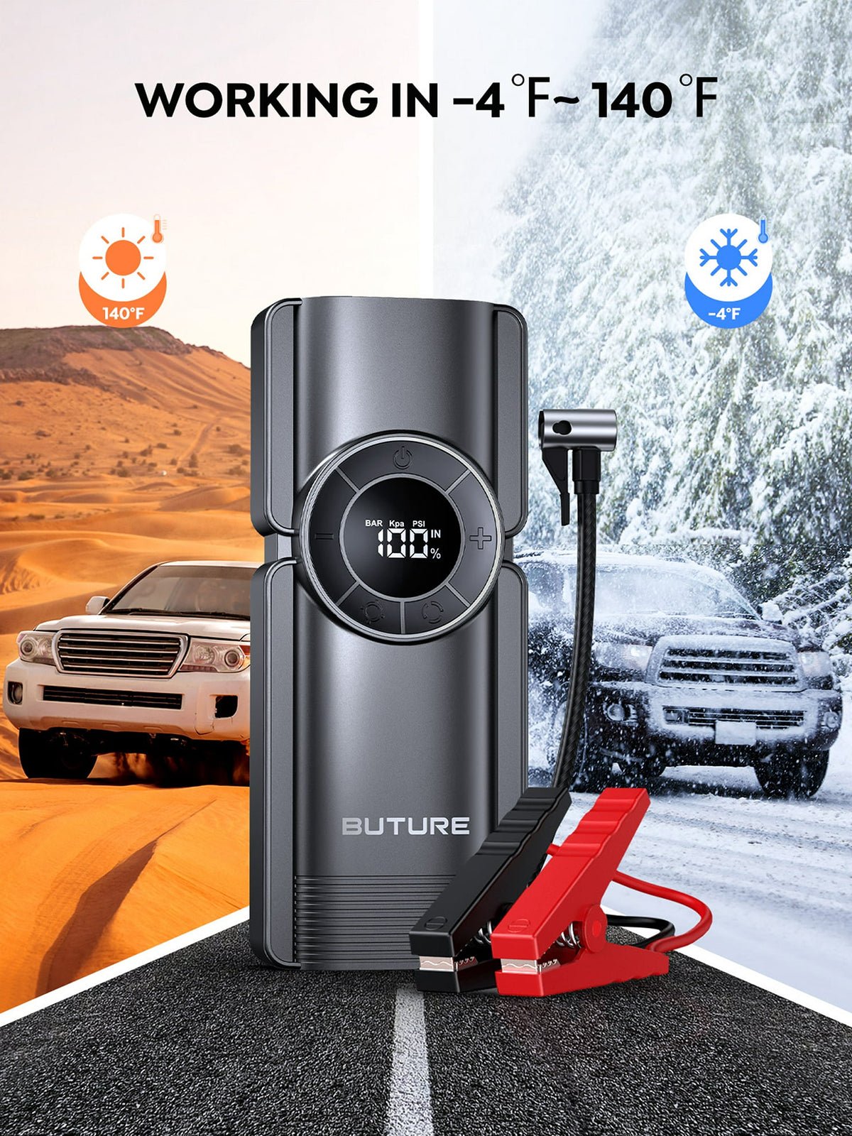 Buture Beta01 car jump starter reliably operates in extreme weather conditions from -4°F to 140°F, ensuring performance in cold winters and hot summers
