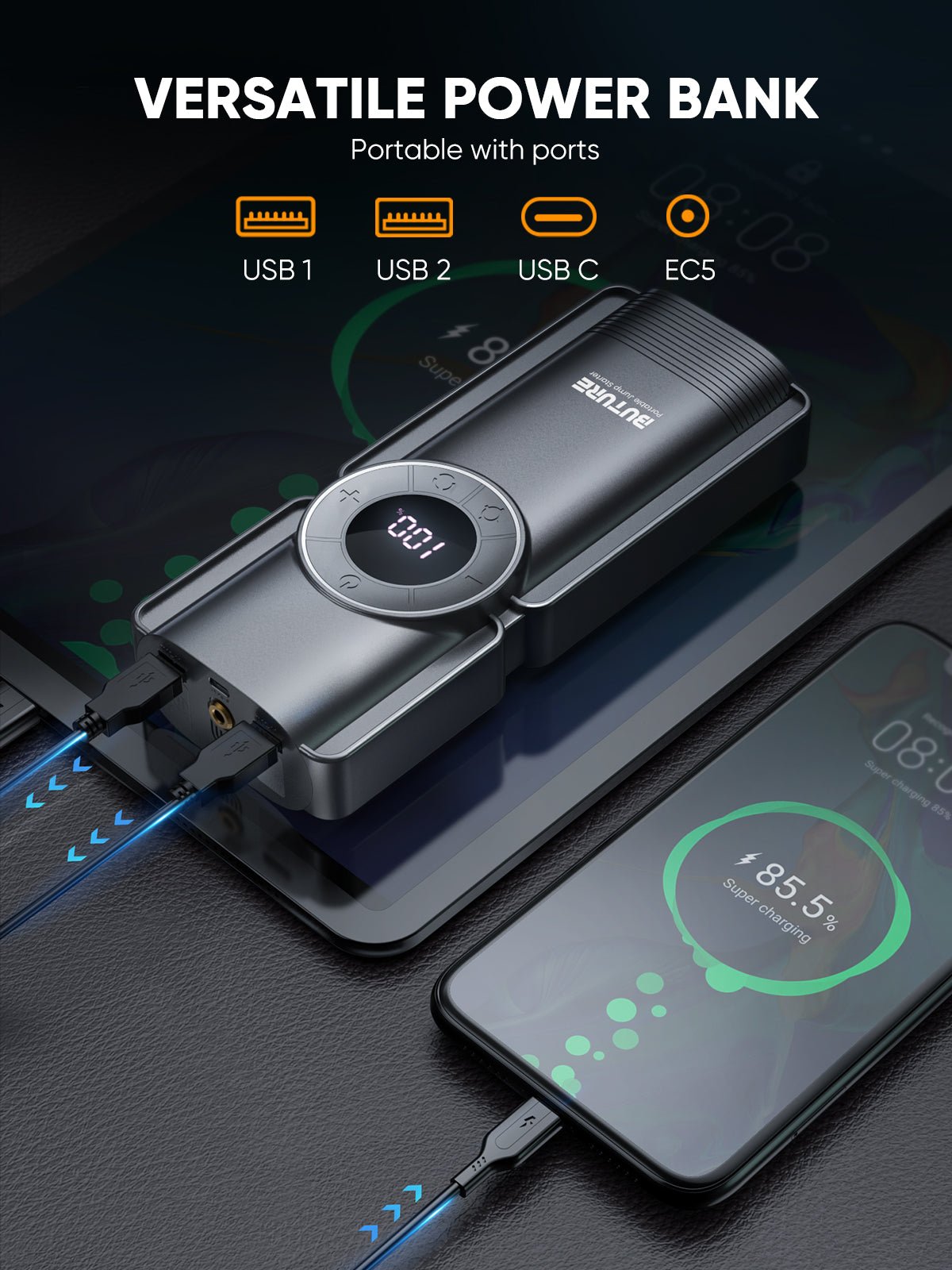 Buture Beta01 car jump starter serves as a versatile power bank with multiple output ports including USB 1, USB 2, USB-C, and EC5, ideal for charging various devices on the go