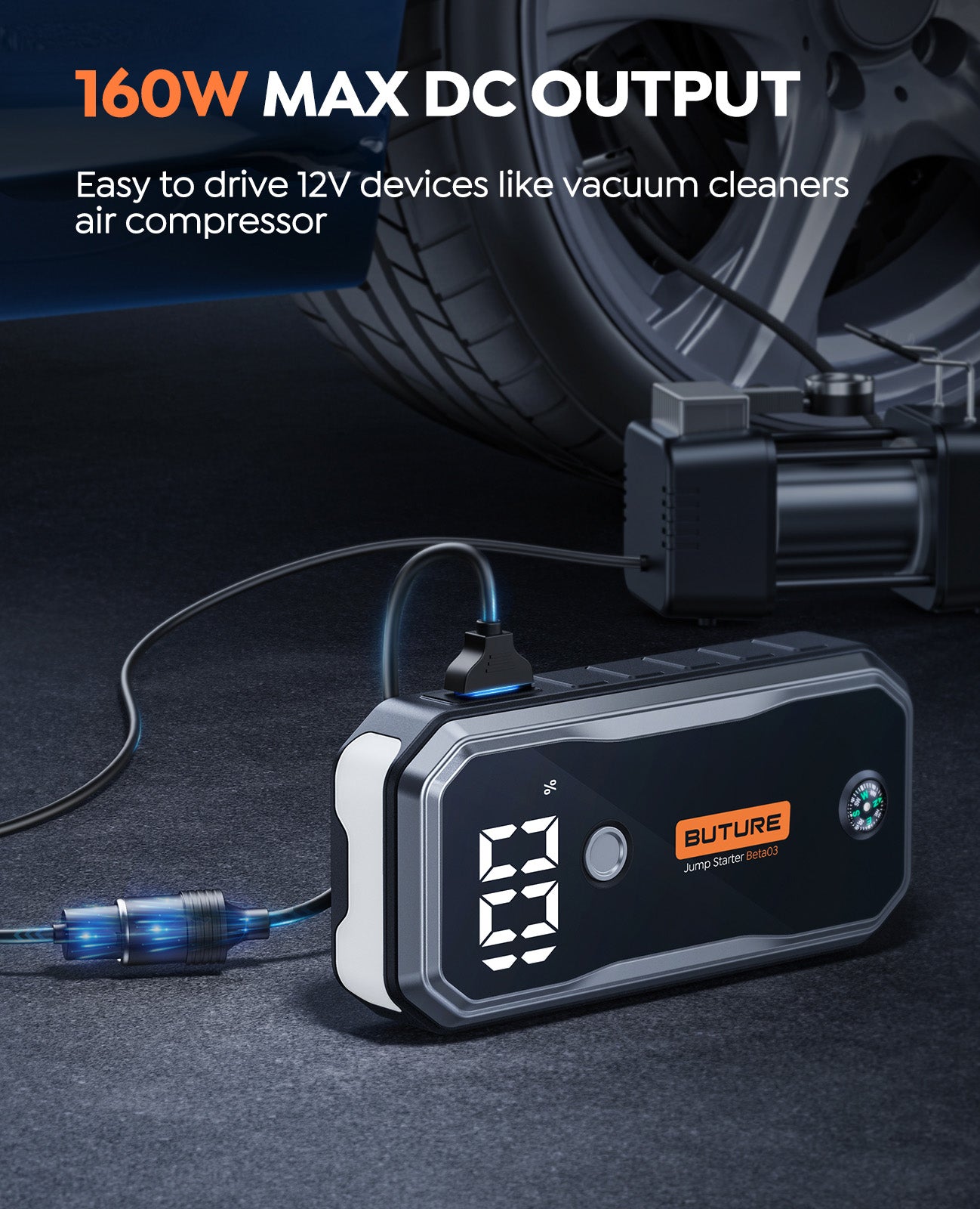 Buture Beta03 car jump starter with 160W max DC output, supports easy operation of 12V devices such as vacuum cleaners and air compressors