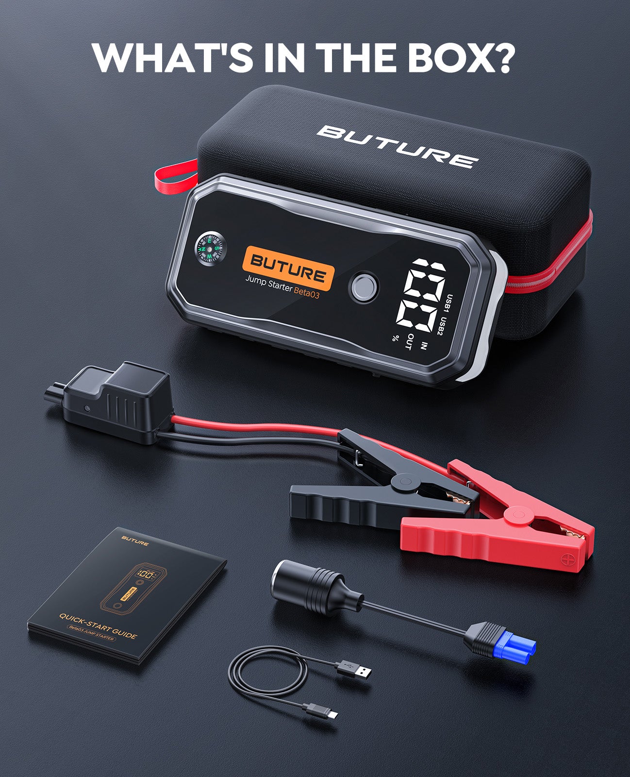 Contents of the Buture Beta03 car jump starter package, showing included accessories such as heavy-duty clamps, charging cables, user manual, and carrying case