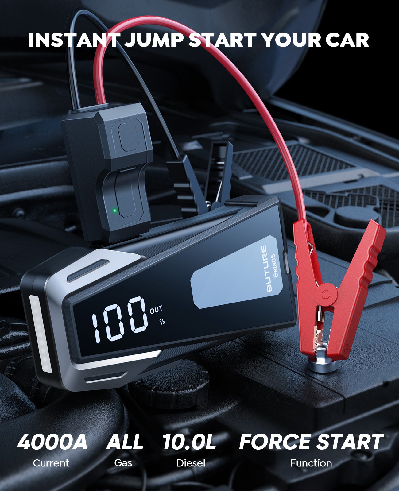 Buture Beta05 car jump starter with 4000A peak current, instantly jump starts all gas engines and up to 10.0L diesel vehicles, features Force Start function for dead batteries