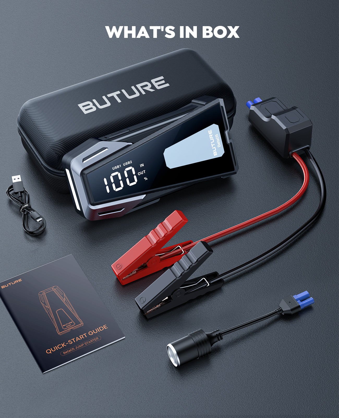 Accessories included in the Buture Beta05 Car Jump Starter