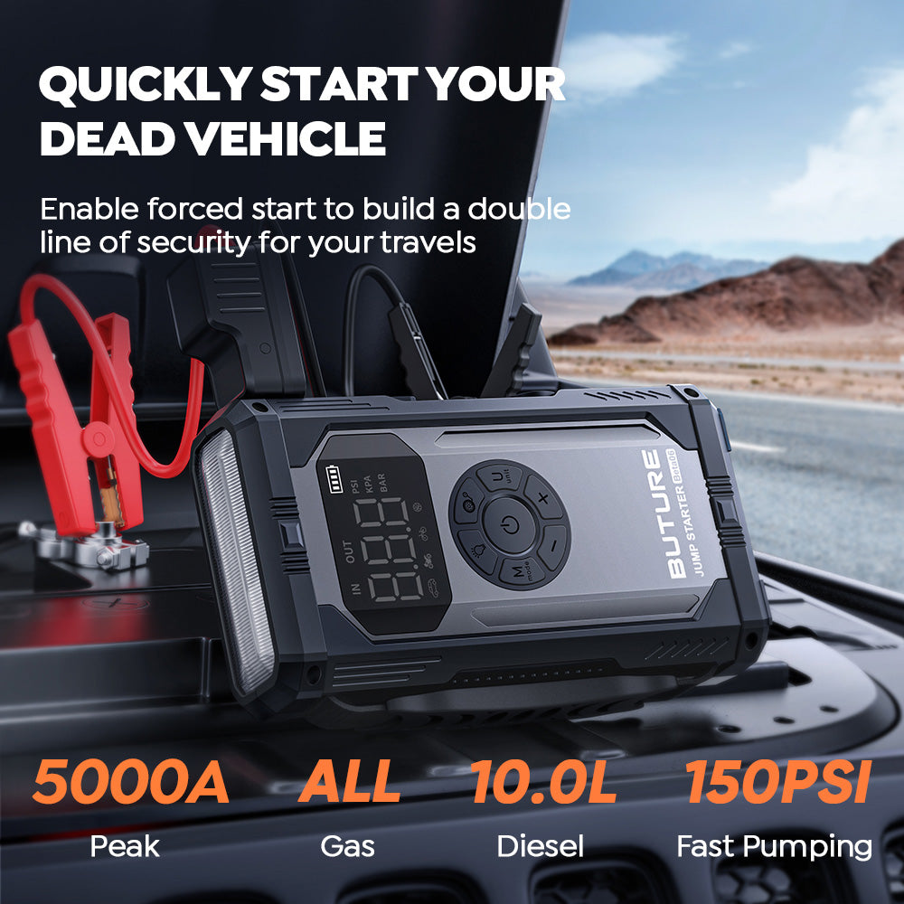 Buture Beta06 car jump starter with 5000A peak current and 150PSI fast air pump, supports forced start for dead batteries and jump-starts all gas engines and up to 10.0L diesel vehicles.