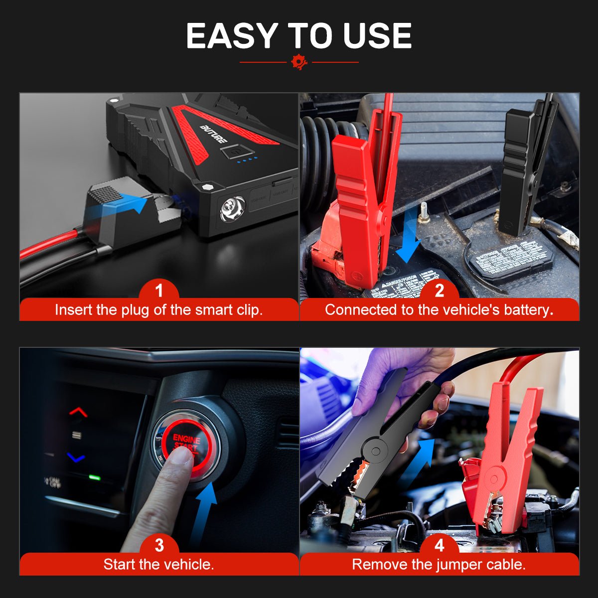 Buture BR500 car jump starter with easy-to-use smart clip, simply insert the plug, connect to vehicle battery, start your vehicle, and safely remove the jumper cable